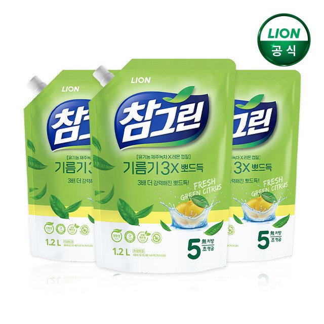 참그린 기름기뽀드득 주방세제 1.2L 리필x3개 상세 이미지 1
